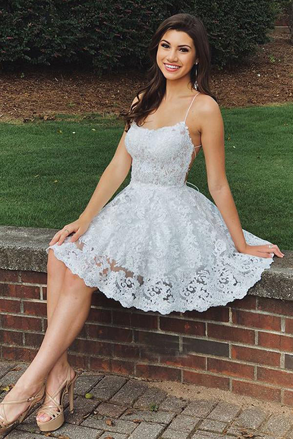 Delicate Lace Backless Spaghetti Straps Homecoming Dresses