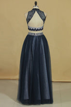 Load image into Gallery viewer, 2024 Prom Dresses High Neck Two Pieces Tulle A Line With Beads Floor Length