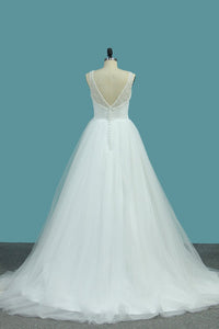 2024 A Line Tulle V Neck With Beads And Ruffles Open Back Wedding Dresses