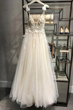 Load image into Gallery viewer, Spaghetti Straps Deep V Neck Backless Tulle Prom Dress with Flowers, Beach Wedding Gowns SRS15413