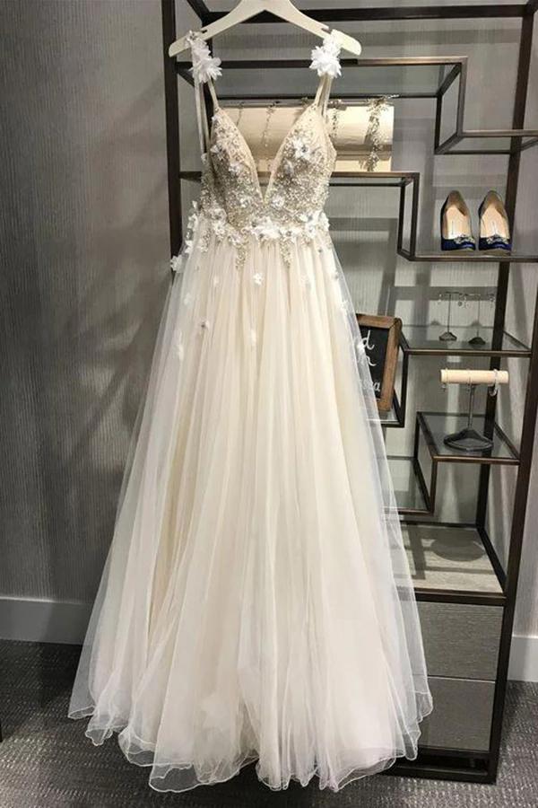 Spaghetti Straps Deep V Neck Backless Tulle Prom Dress with Flowers, Beach Wedding Gowns SRS15413