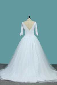 2023 Mid-Length Sleeves Scoop A Line Wedding Dresses Tulle Chapel Train