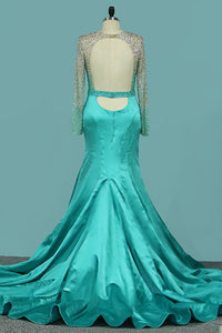2024 Sexy Mermaid Prom Dresses Scoop Long Sleeves Satin Open Back