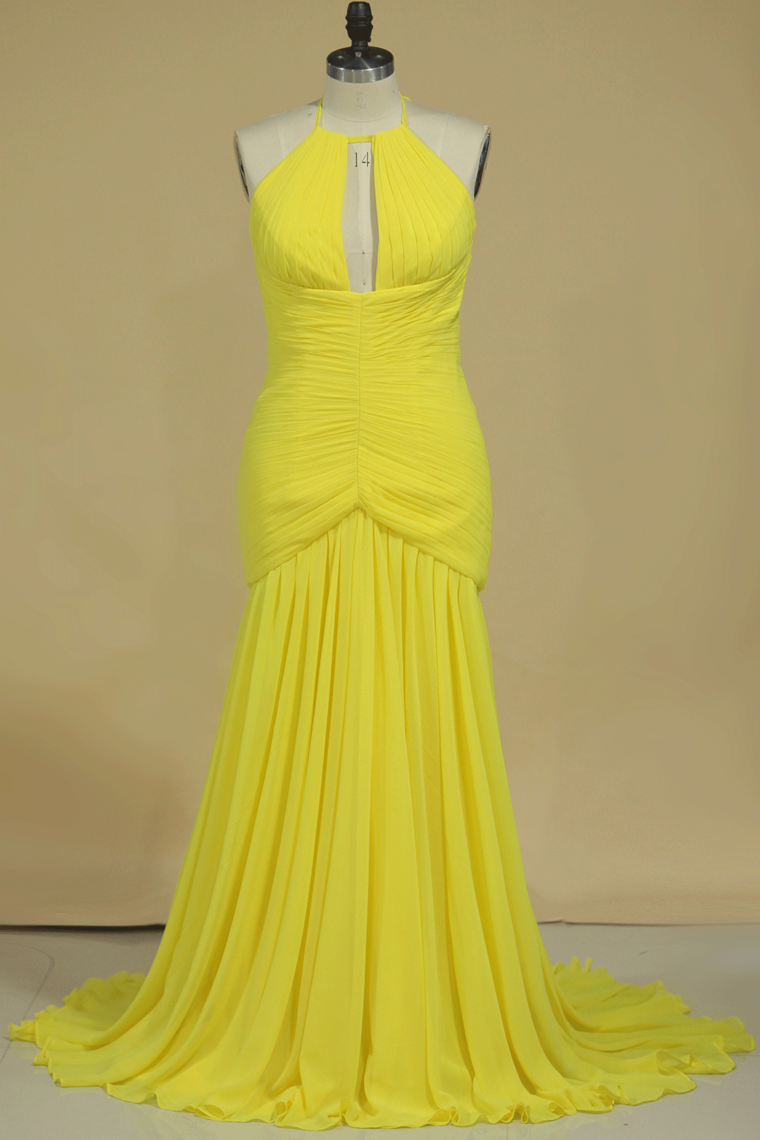 2024 Prom Dress Halter Pleated Bust & Bodice With Shirred Chiffon Skirt Sweep Train