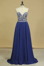 Load image into Gallery viewer, 2024 A Line Sweetheart Beaded Bodice Prom Dresses Dark Royal Blue Chiffon Floor Length