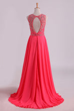 Load image into Gallery viewer, 2024 Water Melon Prom Dresses Scoop A Line Beaded Bodice Open Back Chiffon &amp; Tulle Floor-Length