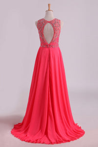 2024 Water Melon Prom Dresses Scoop A Line Beaded Bodice Open Back Chiffon & Tulle Floor-Length