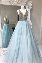 Load image into Gallery viewer, Unique V-neck tulle sequin beading long prom gown evening dresses RS101