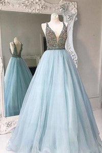 Unique V-neck tulle sequin beading long prom gown evening dresses RS101