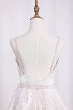 Load image into Gallery viewer, 2023 Spaghetti Straps A Line Lace Wedding Dresses With Sash And Handmade Flower