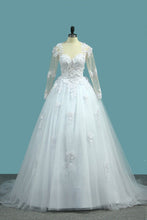 Load image into Gallery viewer, 2024 A Line V Neck Long Sleeves Wedding Dresses Tulle With Applique