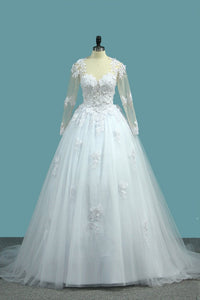 2024 A Line V Neck Long Sleeves Wedding Dresses Tulle With Applique