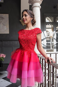 2023 Red Lace Appliques Top Cap Sleeves Multi Colors Tulle Short Homecoming SRS10094