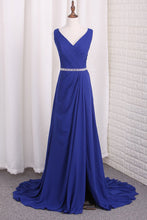 Load image into Gallery viewer, 2024 A Line Chiffon V Neck Bridesmaid Dresses With Beads And Slit