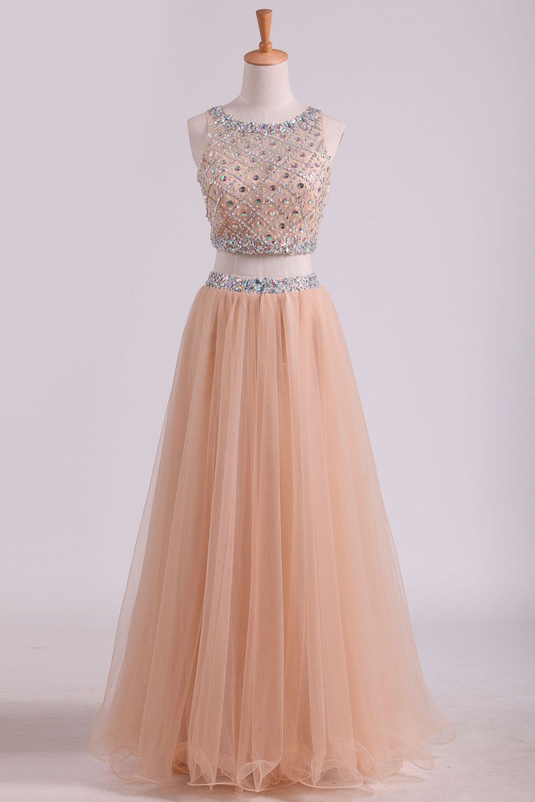 2024 Two Pieces Bateau Beaded Bodice Prom Dress A Line Tulle Floor Length