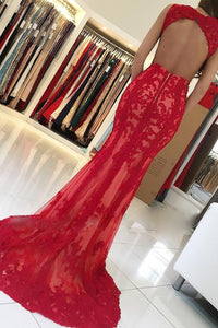 2024 Sexy Open Back Bateau Prom Dresses Mermaid Tulle With Appliques