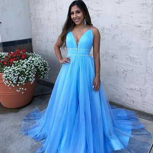 A Line Sky Blue Spaghetti Straps V Neck Tulle Prom Dresses, Cheap Evening Dresses SRS15554