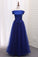 2023 A Line Boat Neck Tulle Prom Dresses With Applique Floor Length