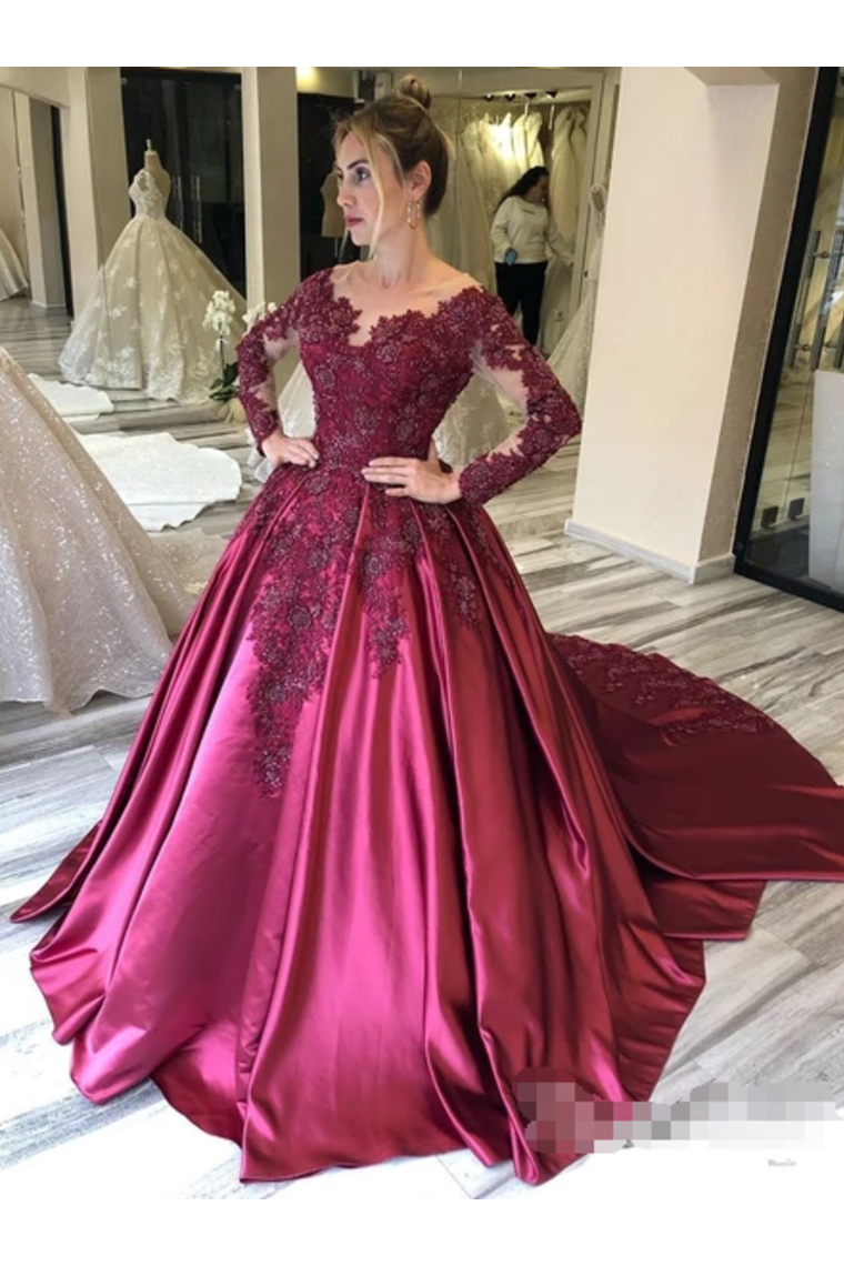 Prom Dress With Long Sleeves And Floral Embroidery Burgundy Colored Court SRSPJ8SLMB9