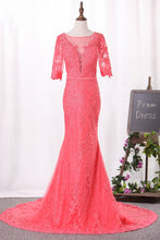 Load image into Gallery viewer, 2024 Mermaid Scoop Mid-Length Sleeves Prom Dresses Tulle With Appliques Covered Button