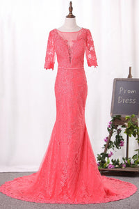 2024 Mermaid Scoop Mid-Length Sleeves Prom Dresses Tulle With Appliques Covered Button