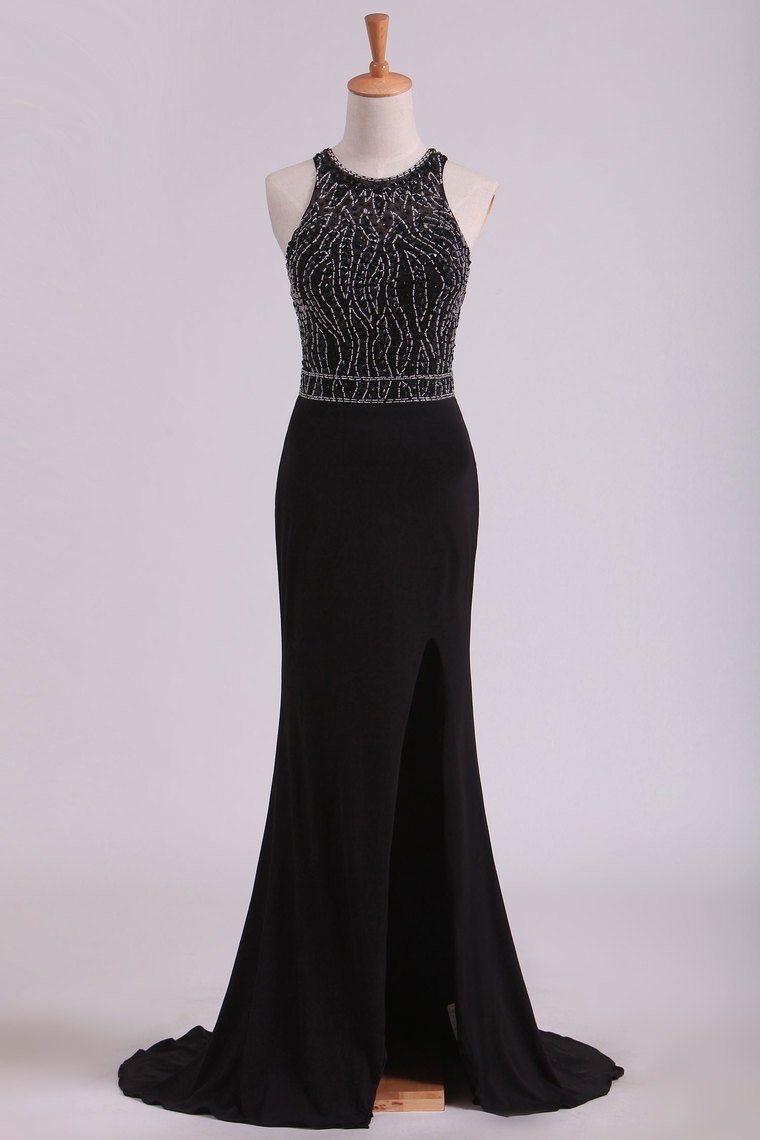 2024 Black Open Back Prom Dresses Scoop Spandex With Beading & Slit Sweep Train