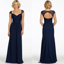 Load image into Gallery viewer, Sexy A-Line Sweetheart Cap Sleeve Lace Open Back Navy Blue Long Bridesmaid Dresses RS80