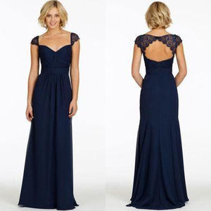 Sexy A-Line Sweetheart Cap Sleeve Lace Open Back Navy Blue Long Bridesmaid Dresses RS80