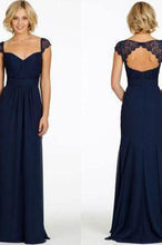 Load image into Gallery viewer, Sexy A-Line Sweetheart Cap Sleeve Lace Open Back Navy Blue Long Bridesmaid Dresses RS80