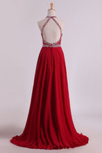 Load image into Gallery viewer, 2024 A Line Halter Open Back Prom Dresses Sweep Train Chiffon &amp; Tulle With Beading