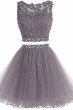 Load image into Gallery viewer, Two Piece Open Back Scoop Beads Sleeveless Grey Tulle A-Line Homecoming Dress I1012