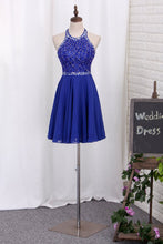 Load image into Gallery viewer, 2024 A Line Halter Beaded Bodice Homecoming Dresses Chiffon Open Back