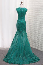 Load image into Gallery viewer, 2024 Mermaid Prom Dresses Scoop Tulle With Applique And Beads Sweep Train