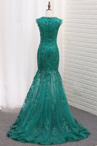 2024 Mermaid Prom Dresses Scoop Tulle With Applique And Beads Sweep Train
