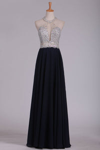 2024 Chiffon Prom Dresses Floor Length Halter A Line With Beads Open Back