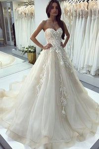 2024 Sweetheart A Line Wedding Dresses Tulle With Applique Sweep Train