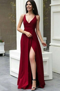 Charming A Line V Neck Burgundy Satin Prom Dresses, Simple Evening Dresses SRS15505
