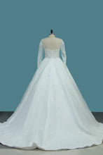 Load image into Gallery viewer, 2023 A Line Scoop Long Sleeves Wedding Dresses Tulle With Applique Chapel Train