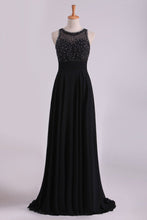 Load image into Gallery viewer, 2024 Black Open Back Prom Dresses Scoop A Line Chiffon With Beading