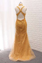 Load image into Gallery viewer, 2024 Mermaid Open Back Tulle Straps Prom Dresses With Beading