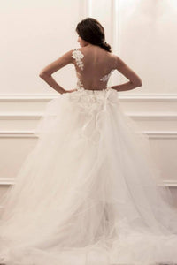 2023 Mermaid Scoop Wedding Dresses Tulle With Applique Sweep Train Detachable