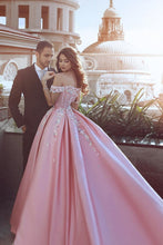 Load image into Gallery viewer, 2024 Satin Off The Shoulder A Line Prom Dresses With Handmade Flower And Beads