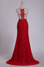 Load image into Gallery viewer, 2024 Scoop Mermaid/Trumpet Prom Dresses With Applique Burgundy/Maroon Lace &amp; Tulle
