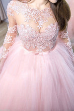 Load image into Gallery viewer, 2024 Pink Ball Gown Jewel Long Sleeves Sweep/Brush Train Lace Tulle Evening Dresses