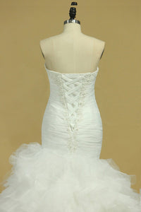 2024 Plus Size Sweetheart Ruched Bodice Wedding Dresses Mermaid Tulle With Beading Court Train