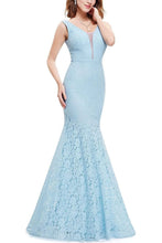 Load image into Gallery viewer, Sexy Fitted Lace Mermaid Blue V Neck Long Prom Dresses Evening Dresses SRS15334