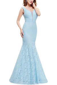 Sexy Fitted Lace Mermaid Blue V Neck Long Prom Dresses Evening Dresses SRS15334