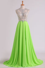 Load image into Gallery viewer, 2024 A Line Beaded Bodice Prom Dresses Scoop Chiffon &amp; Tulle With Slit