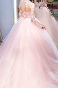 2024 Pink Ball Gown Jewel Long Sleeves Sweep/Brush Train Lace Tulle Evening Dresses