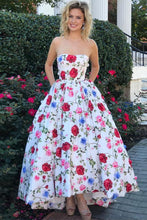 Load image into Gallery viewer, 2024 High Low Prom Dresses Strapless A-Line Floral Print Long Ball Gown